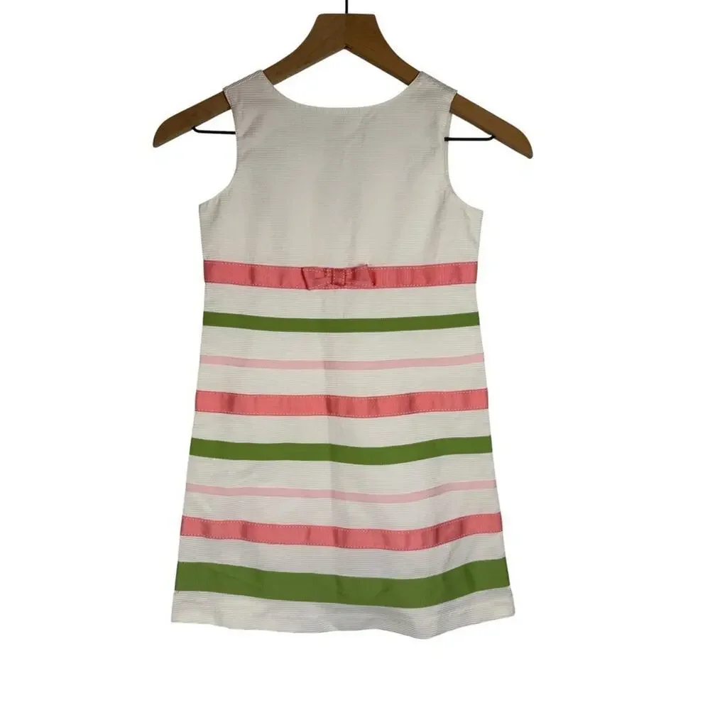 GYMBOREE A-Line Dress Girls White Pink Green Size 7 Ribbon Flower Girl Easter